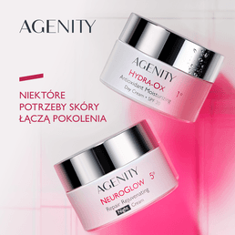 Kremy AGENITY Hydra-Ox i NeuroGlow na różowym tle
