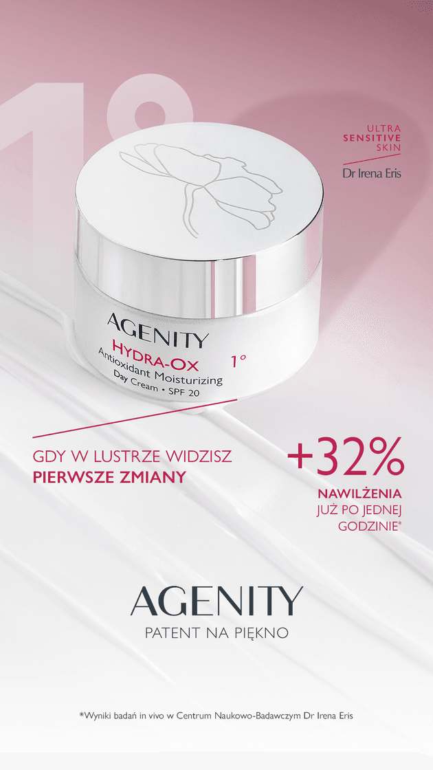 Kreacja kampanijna kremu AGENITY Hydra-Ox z wynikiem +32% nawilżenia