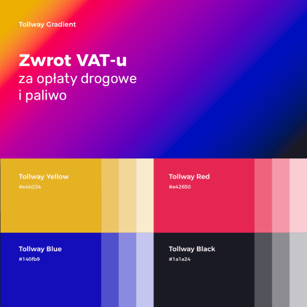 Paleta kolorów marki Tollway i hasło „Zwrot VAT-u”