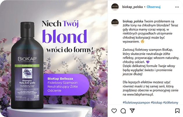 Post na Instagramie BioKap Bellezza z fioletowym szamponem neutralizującym żółte odcienie – „Niech Twój blond wróci do formy!”