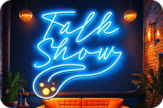 Neon „Talk Show” na ceglanej ścianie scenografii kampanii Paramig