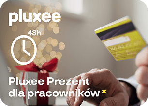 Kreacja „Pluxee Prezent dla pracowników” — dłoń z kartą podarunkową i hasłem o realizacji w 48 godzin