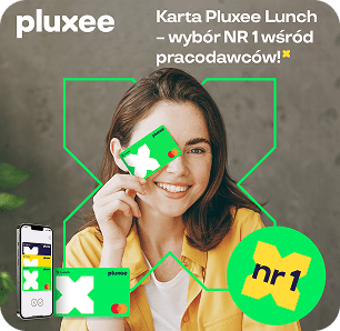 Kreacja „Karta Pluxee Lunch — wybór nr 1 wśród pracodawców” z uśmiechniętą kobietą trzymającą kartę Pluxee