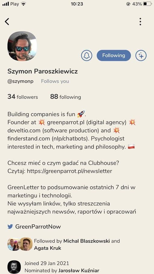 Clubhouse - profil