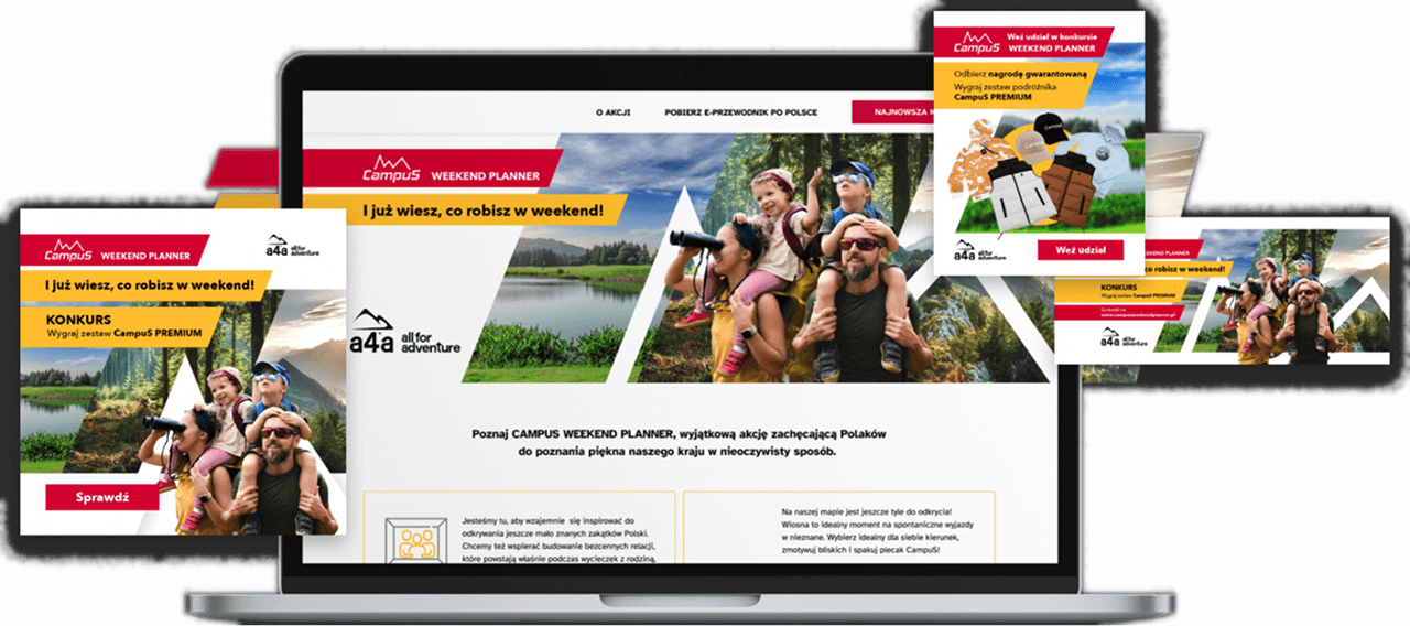 Mockup kampanii e-booka a4a na laptopie z kreacjami reklamowymi