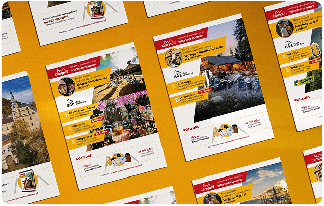 Kolaż materiałów reklamowych akcji „Weekend Planner” CampuS i A4A – plansze konkursowe z trasami wycieczkowymi na pomarańczowym tle